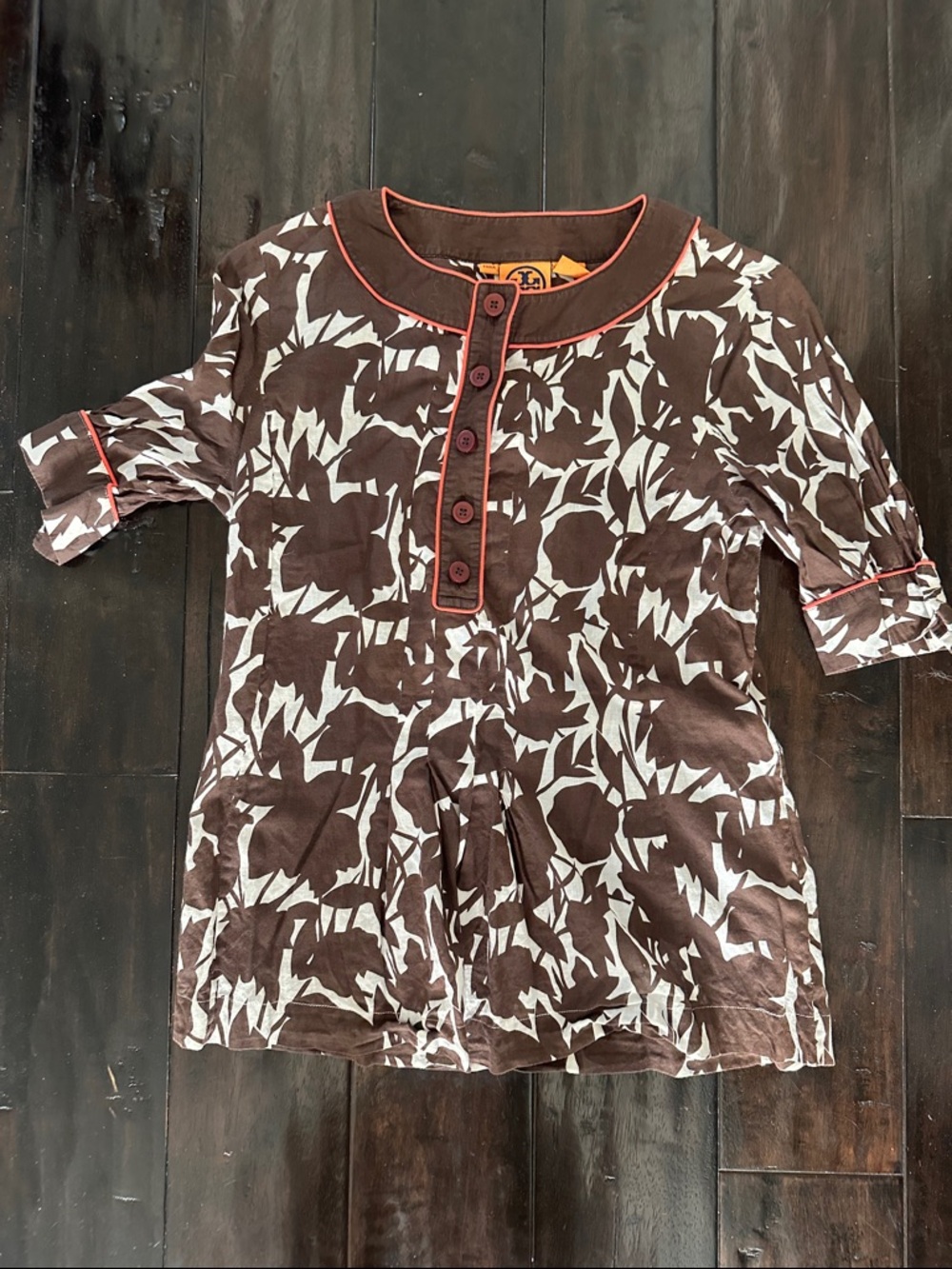 Tory Burch 4 Brown Floral Top with Coral Trim cotton